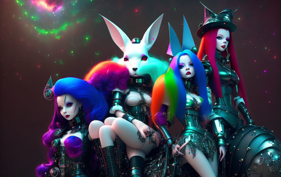 Colorful futuristic female figures with cybernetic enhancements and white rabbit-like creatures in a nebula setting
