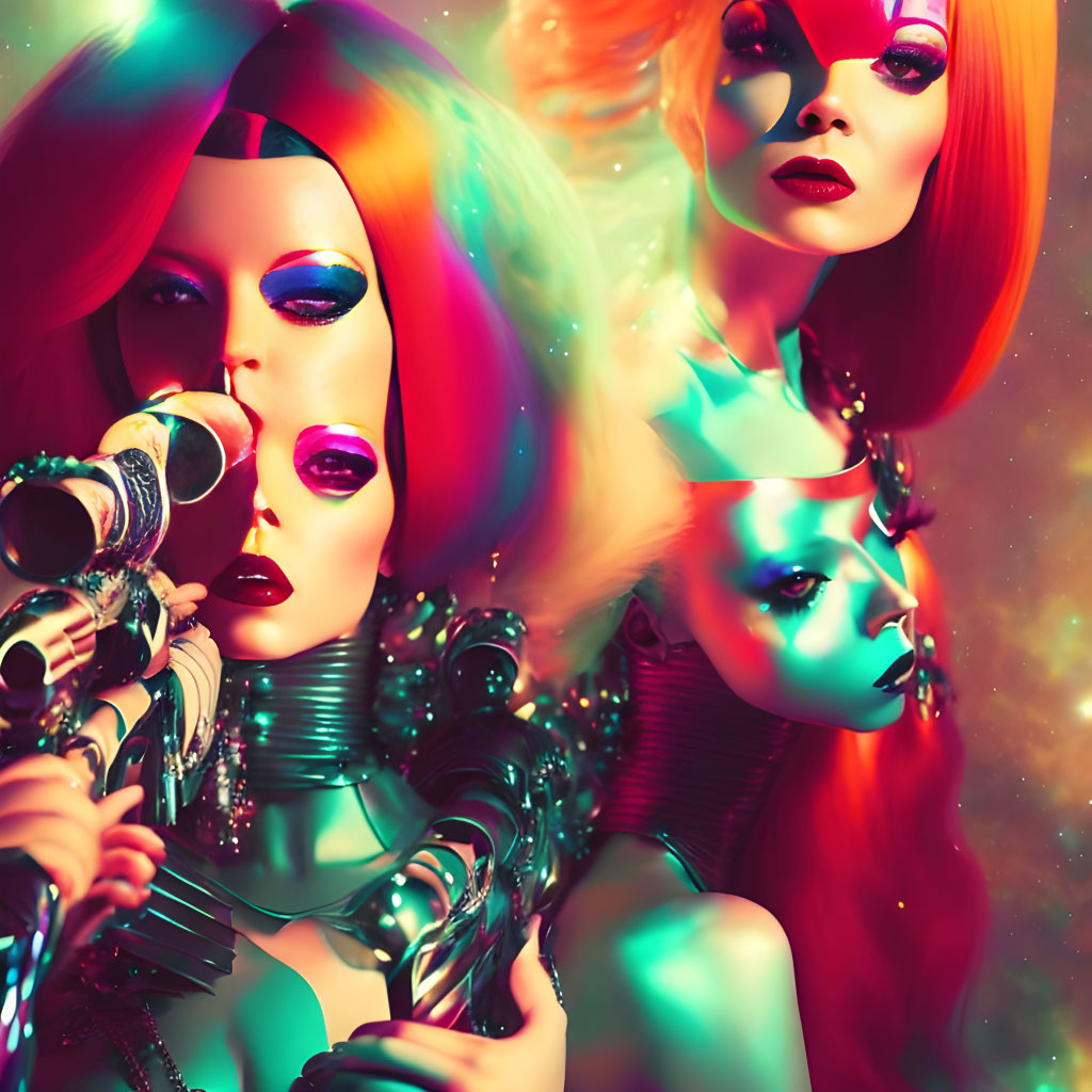 Colorful futuristic female figures with bold makeup and metallic accessories on a nebulous backdrop