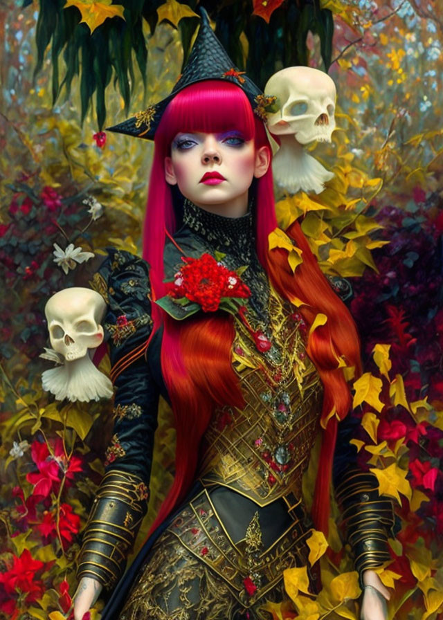 Red-haired woman with gothic makeup holding skulls in autumn setting