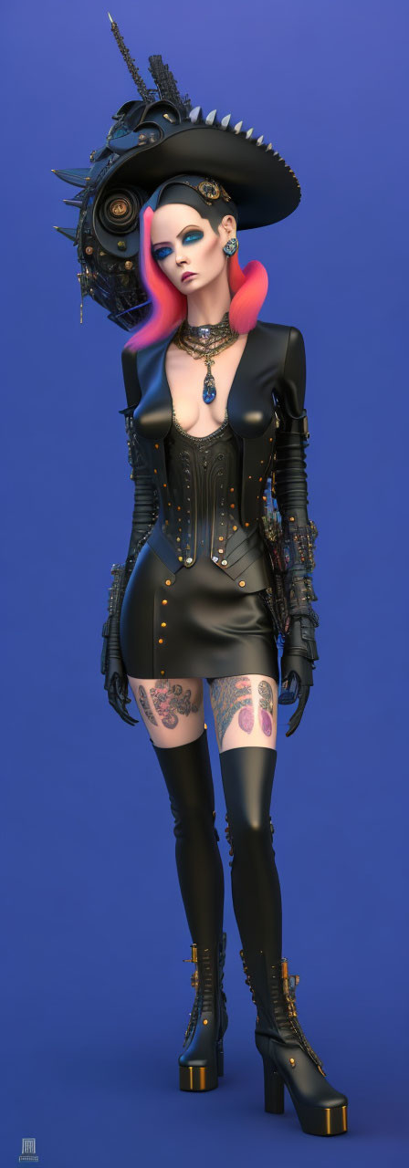 Digital Artwork: Woman with Pink Hair, Tattoos, Black Outfit, High Heels,