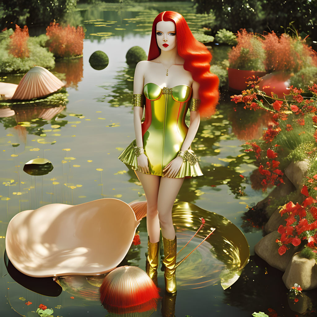 Stylized female figure with red hair in gold and green attire by pond