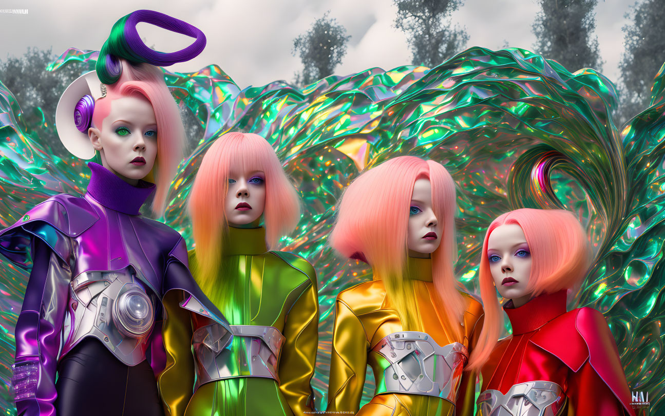 Four women with colorful bob haircuts and robotic chest pieces in avant-garde outfits on metallic background