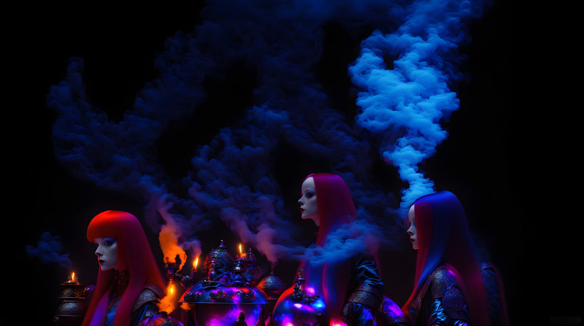 Three women with red hair and tattoos around a steaming vessel in a dark setting