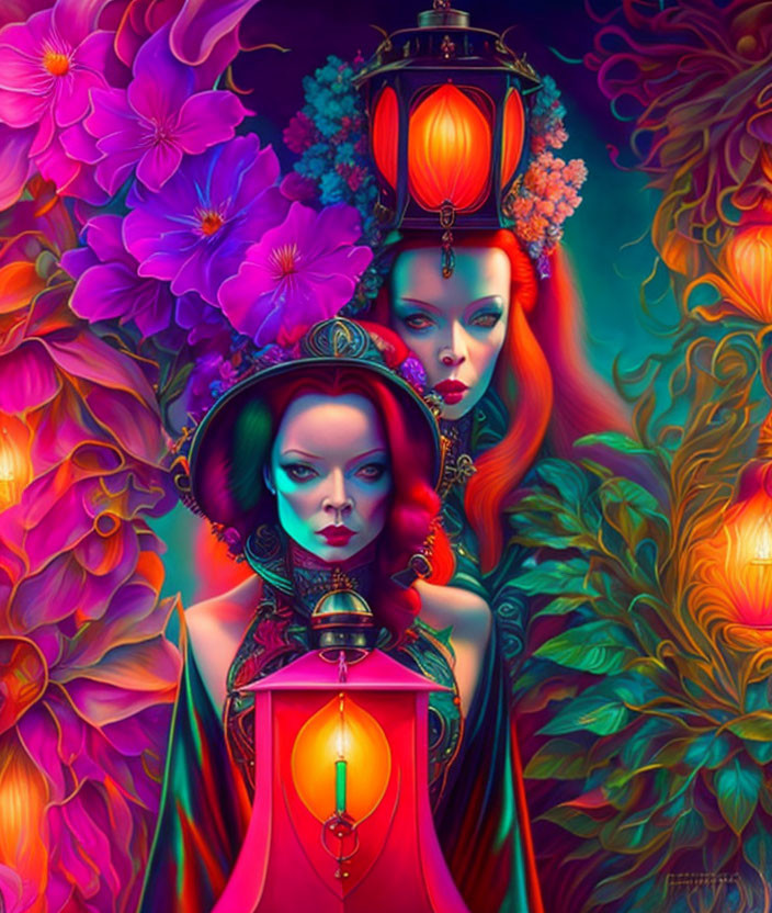Colorful artwork: green-skinned woman with red lantern in floral setting