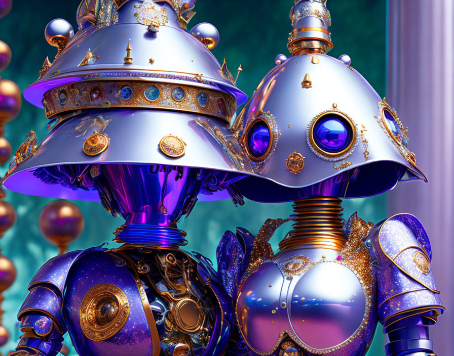 Intricate, ornate robots with metallic surfaces and jewel embellishments on colorful sphere backdrop.