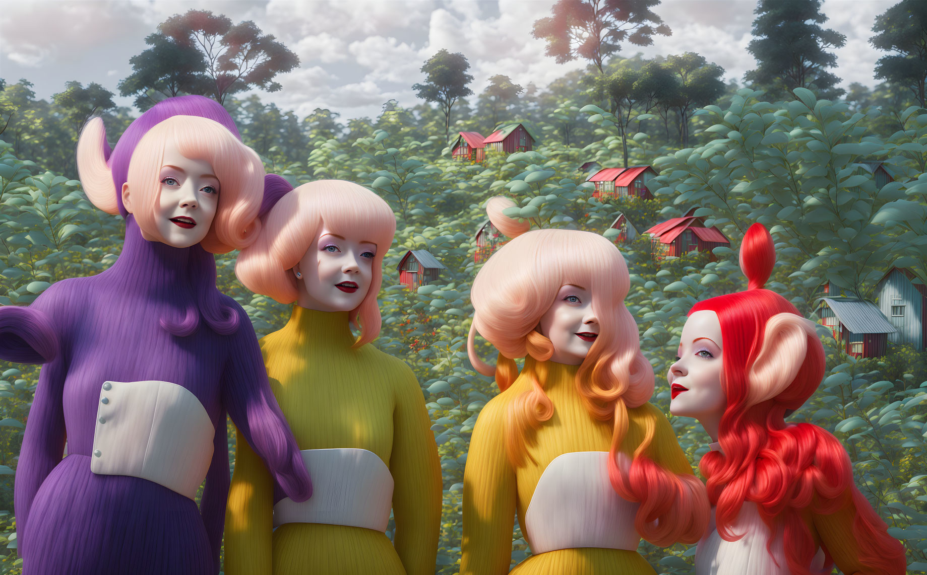 Four stylized female figures in vibrant hair and outfits in surreal landscape.