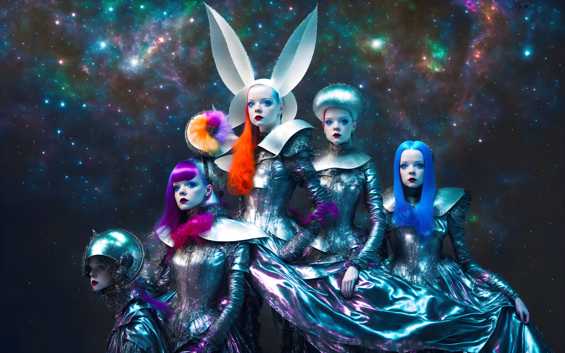Five models in futuristic makeup and metallic outfits against a cosmic backdrop