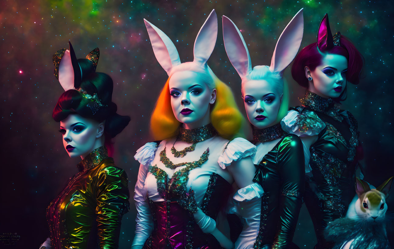 Four women in luxurious, fantastical costumes with rabbit ears on cosmic background