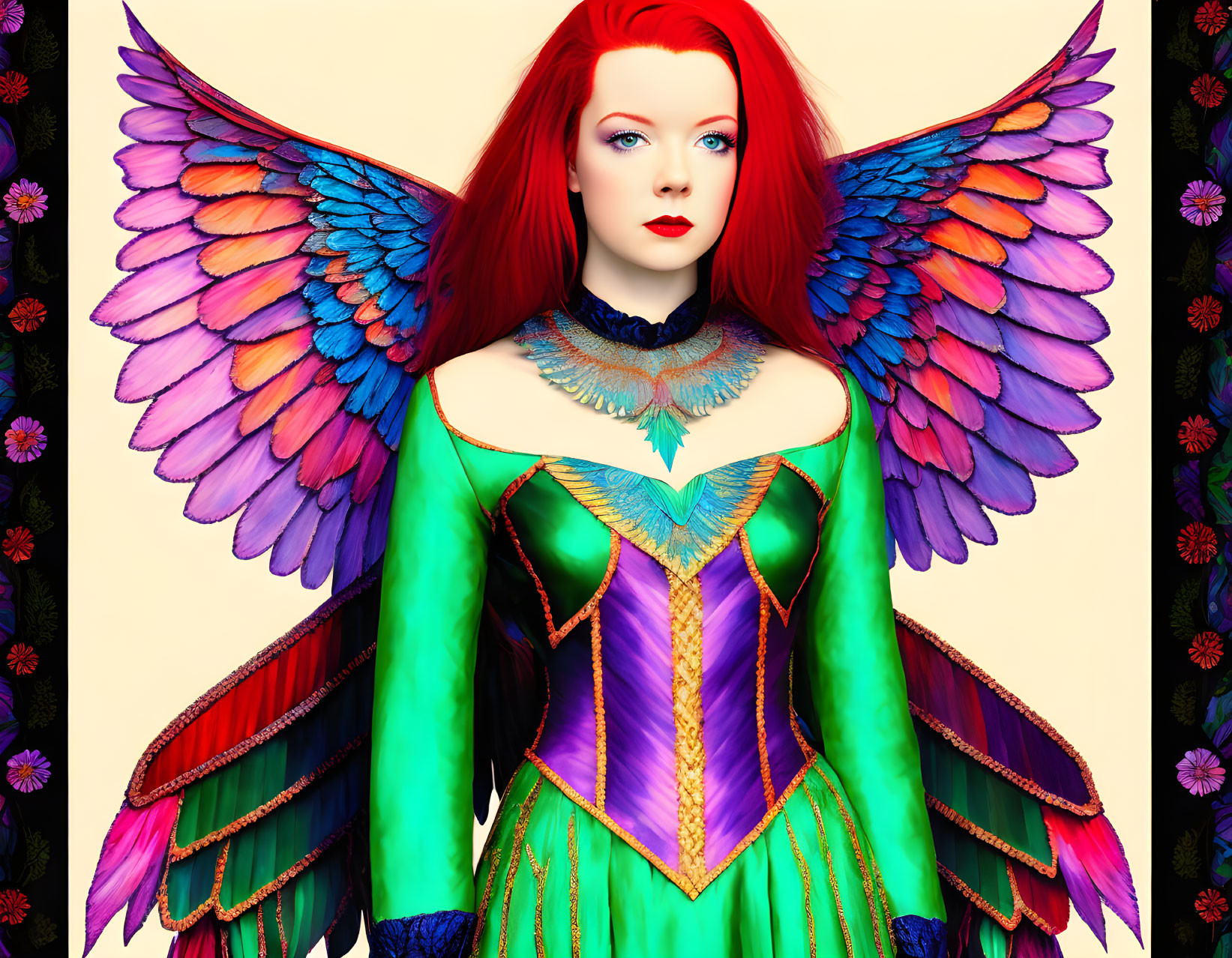 Colorful woman with red hair & bird-like wings in green & purple dress