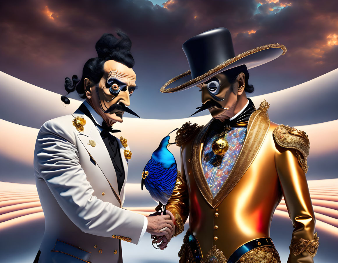 Stylized men in ornate celestial outfits shake hands under dramatic sky