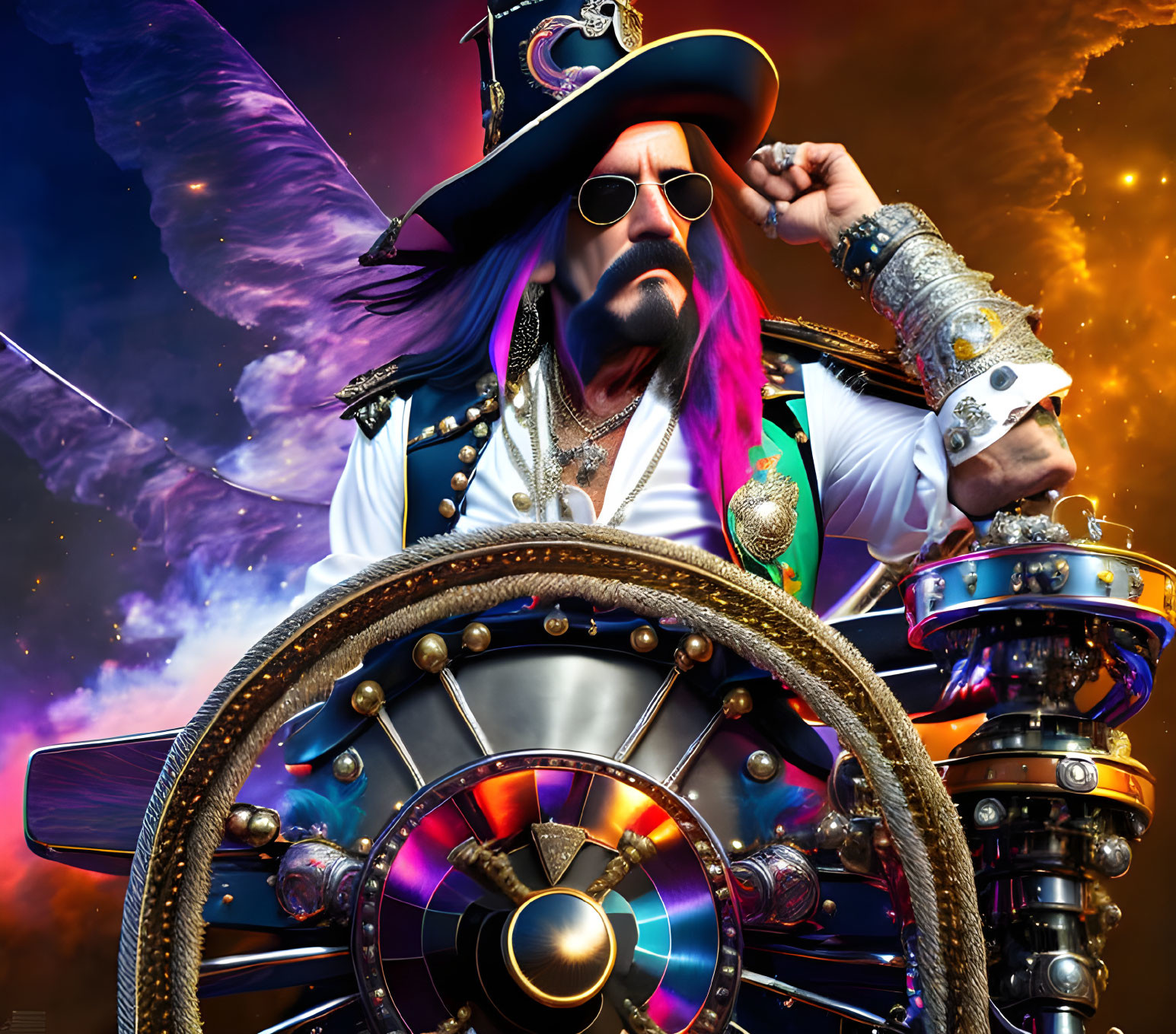 Colorful Pirate Captain Steers Ship's Wheel in Mystical Sky