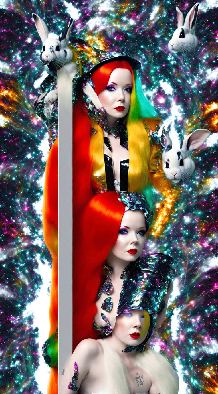 Colorful portrait of two women with vibrant hair and makeup, posing with three rabbits against a cosmic backdrop