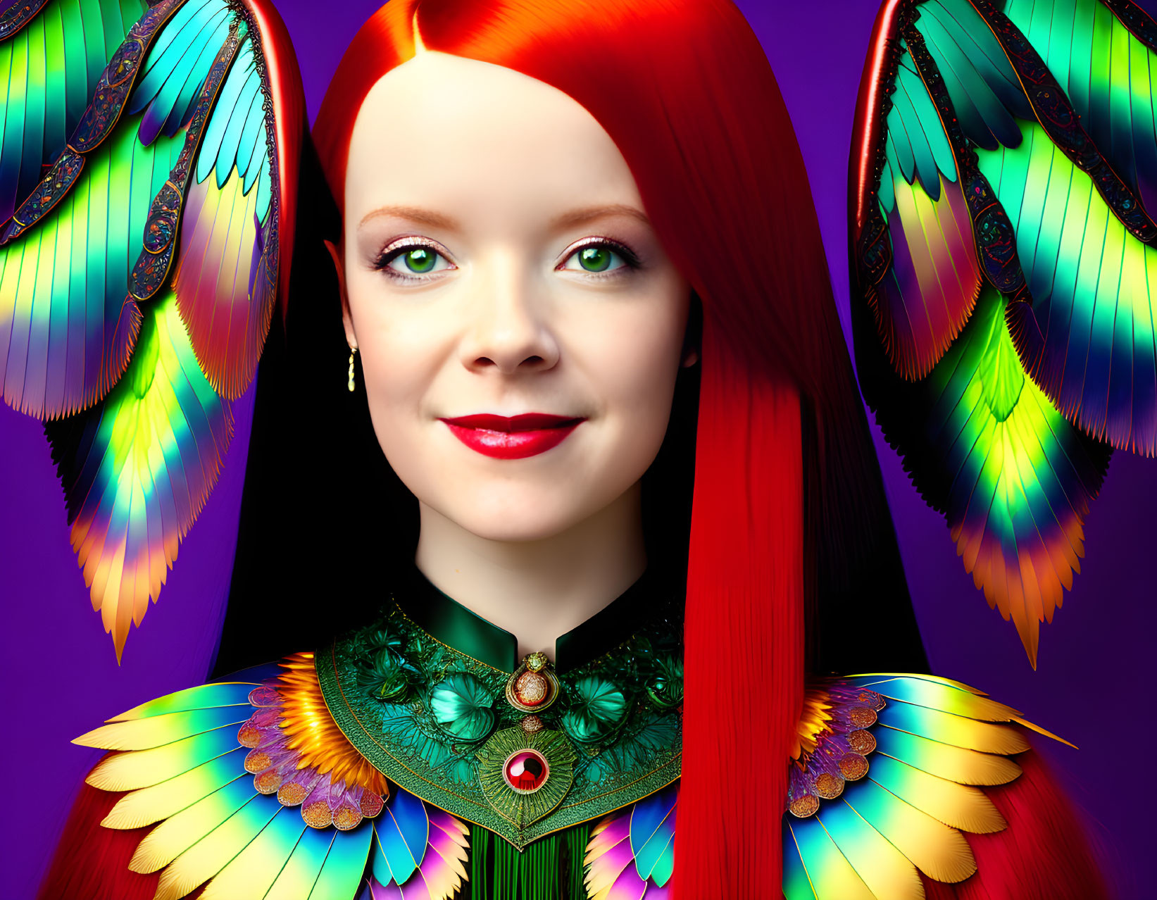 Vibrant Red Hair Woman with Bird Wing Earrings on Purple Background