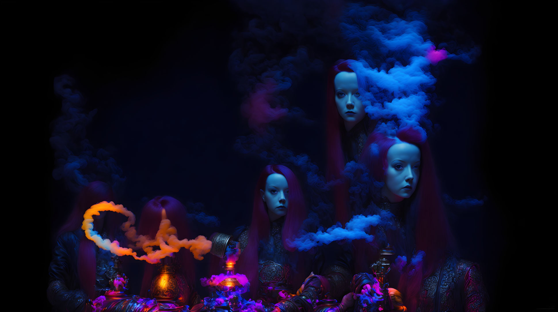 Redheaded figures in blue and orange smoke with candle and scattered items on a table