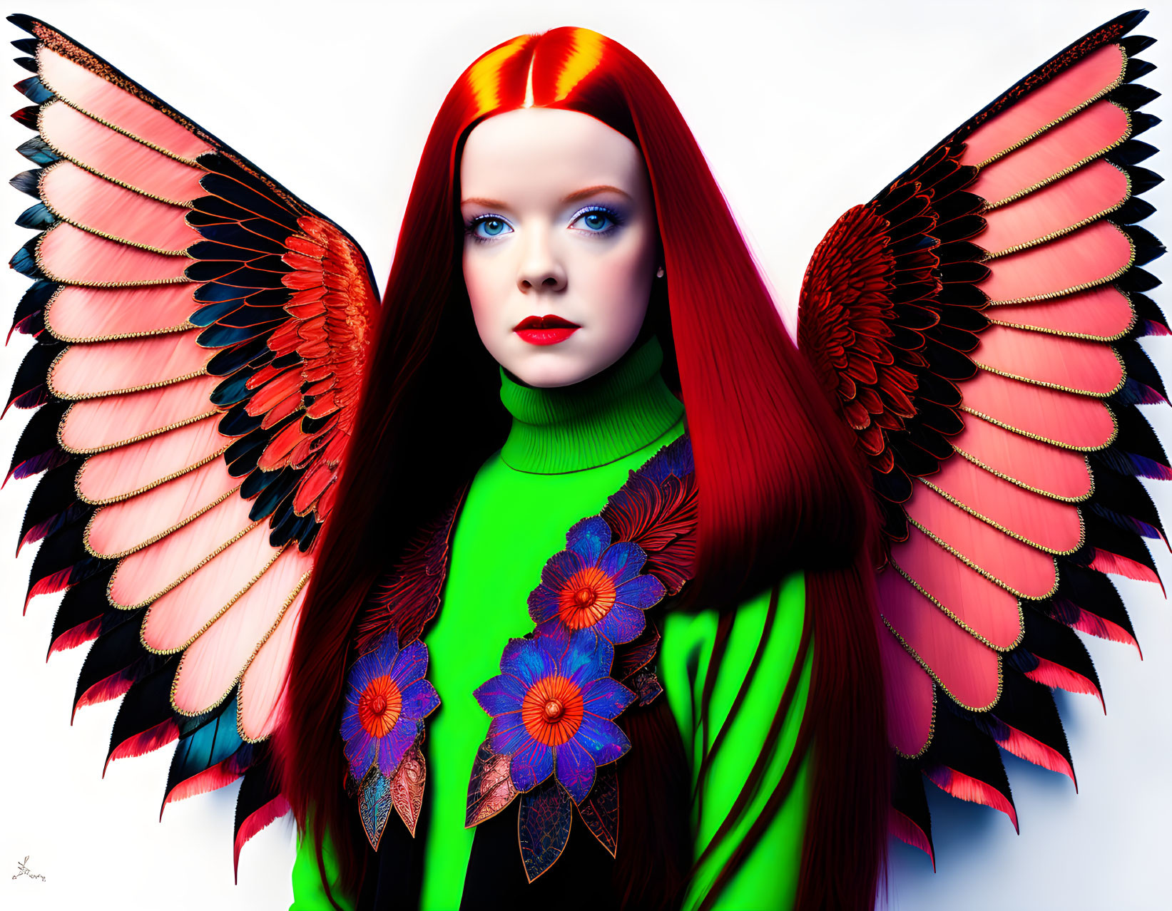 Striking red-haired woman with bird wings and floral top on white background