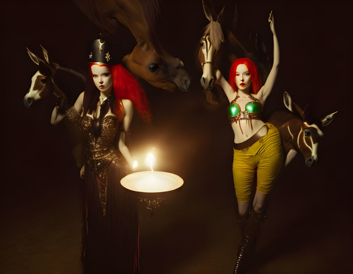 Stylized red-haired women in unique outfits with floating horse heads and a candle
