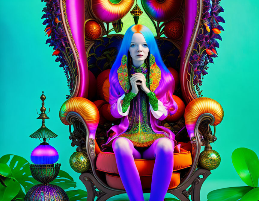 Blue-haired woman seated on ornate chair in vibrant, psychedelic setting