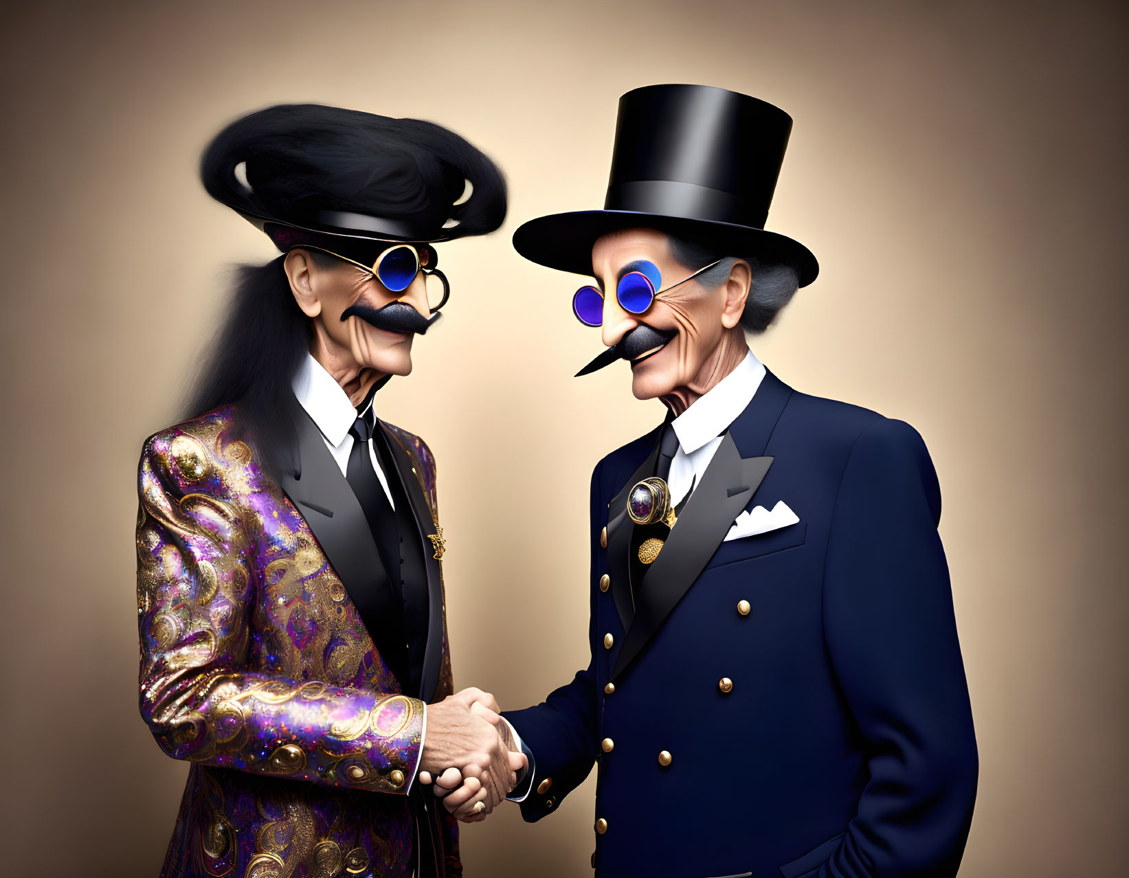 Stylized characters in elegant suits shaking hands