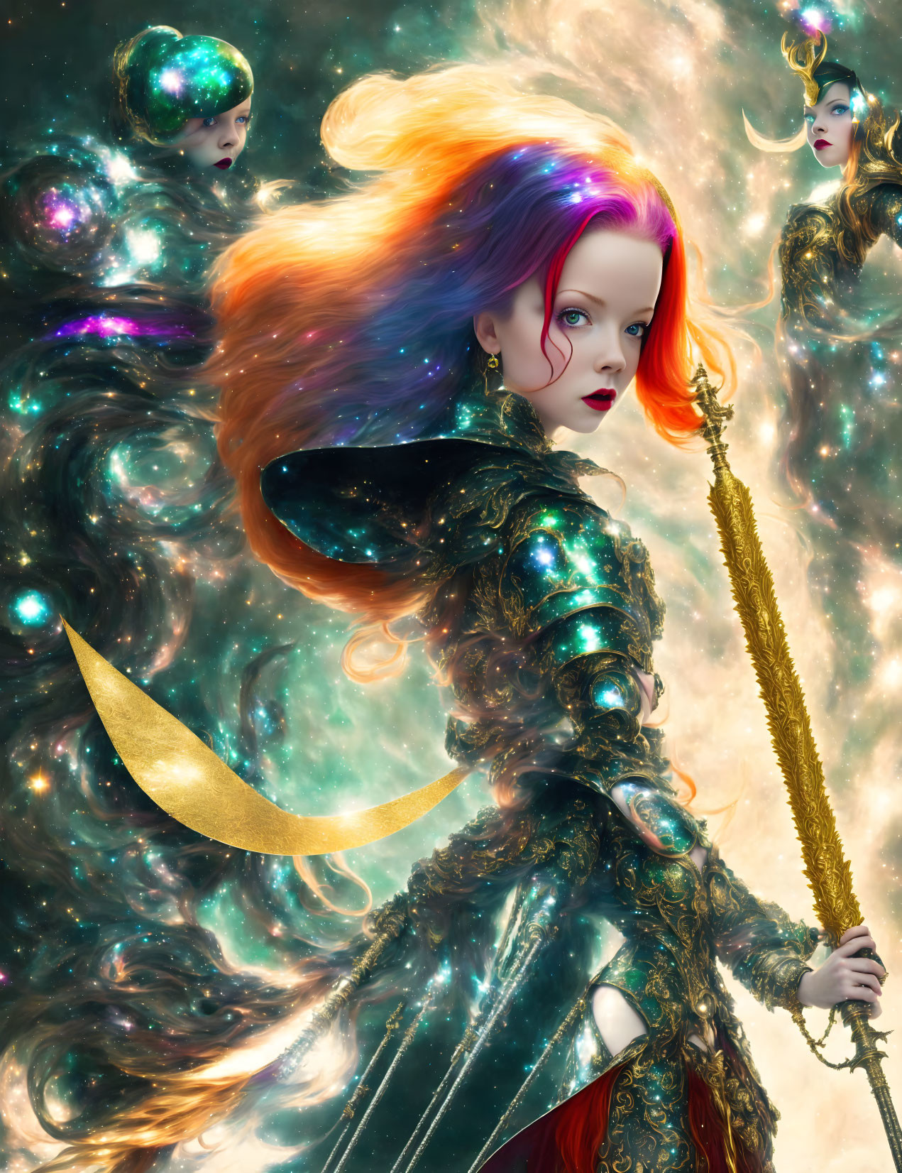 Vibrant multicolored hair, ornate armor, and golden staff in cosmic setting.