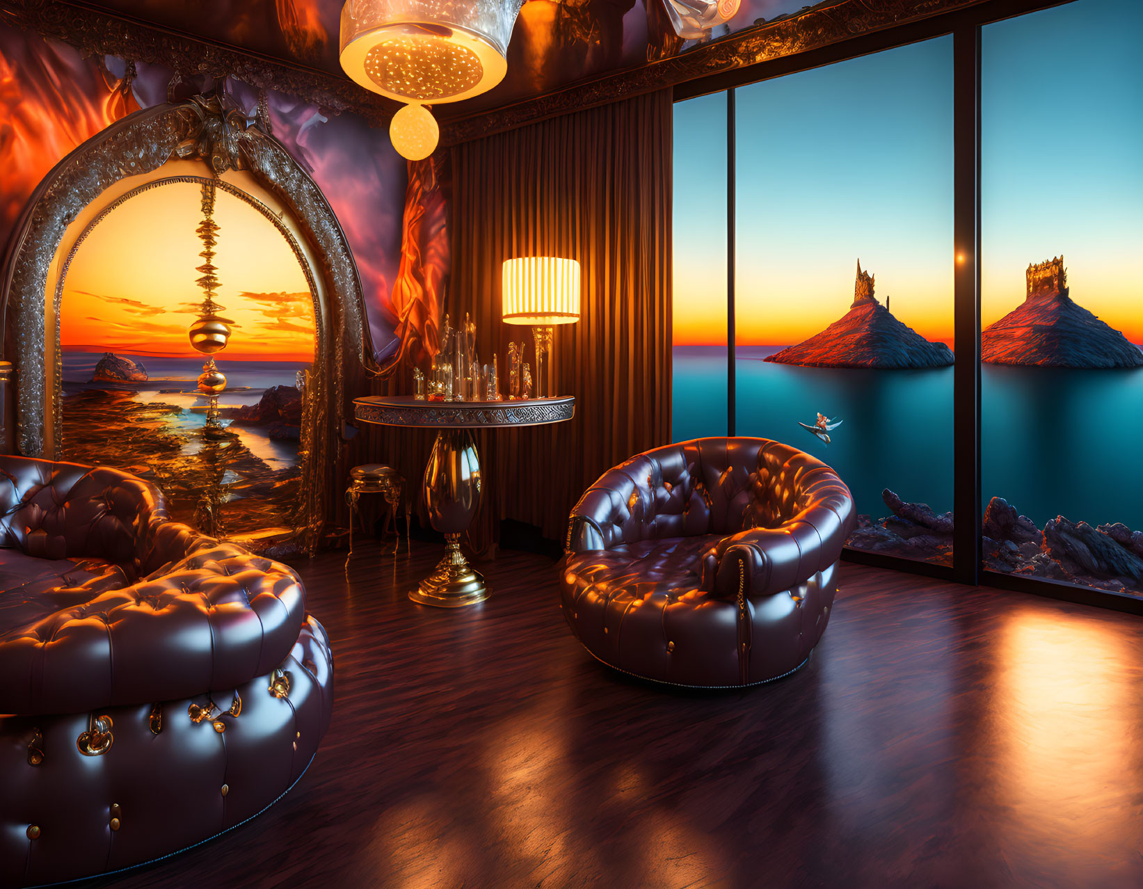 Elegant room with leather sofas, ornate mirror, chandelier, sunset seascape view.