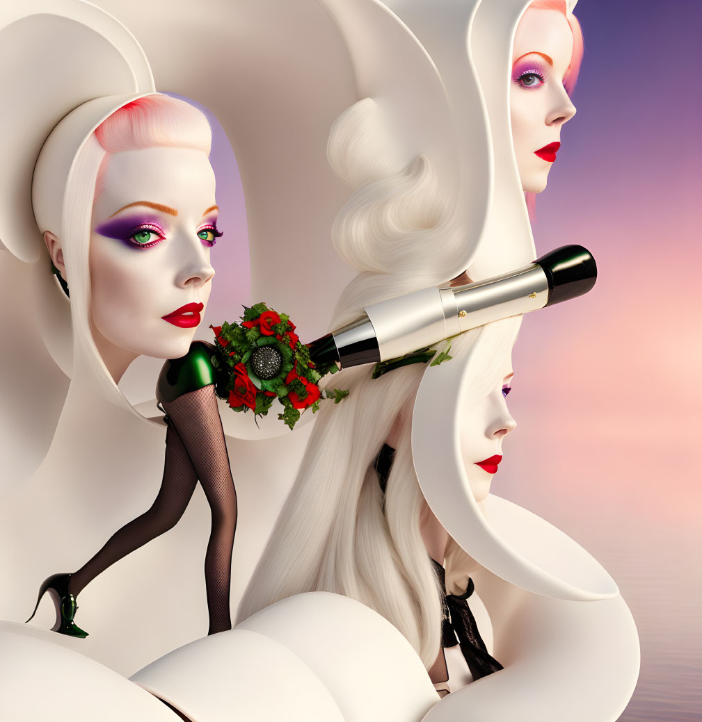 Surreal Artwork: Stylized Women's Faces with White Hair and Makeup