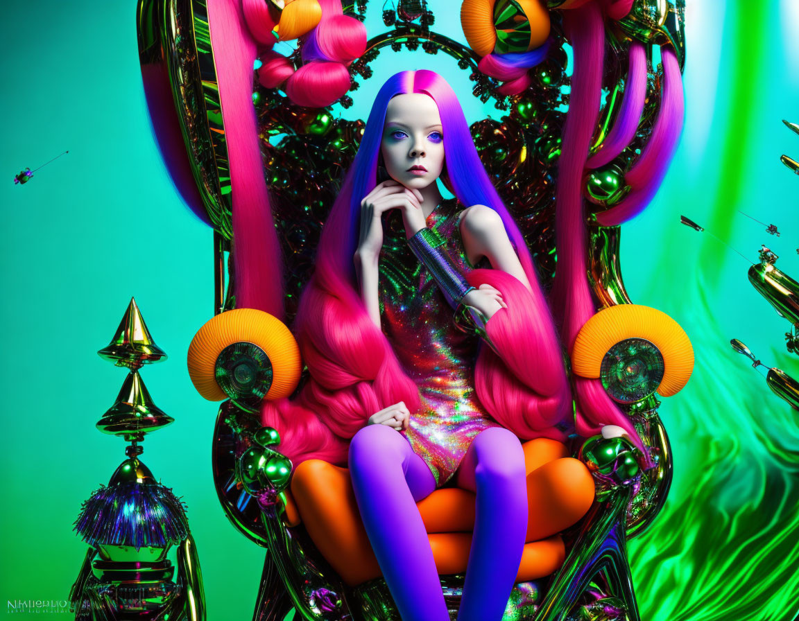 Purple-skinned woman on decorative throne with pink hair and green bottle in surreal setting