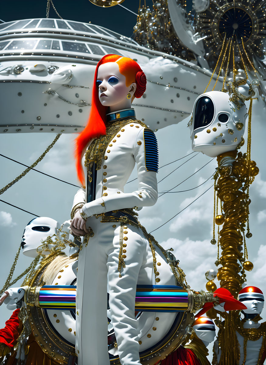 Vibrant red hair person in white and gold uniform with astronaut helmet in surreal backdrop