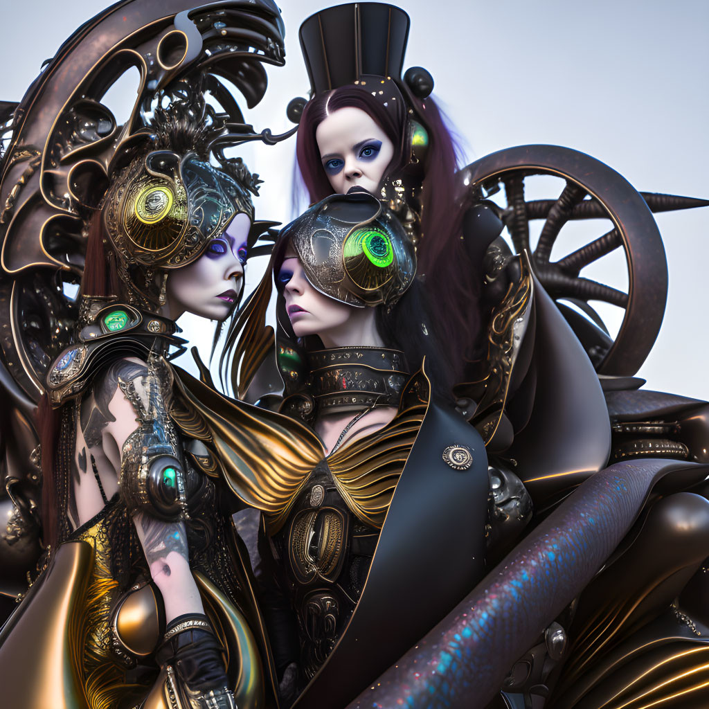 Steampunk-styled female figures with mechanical features in bronze and gold attire.