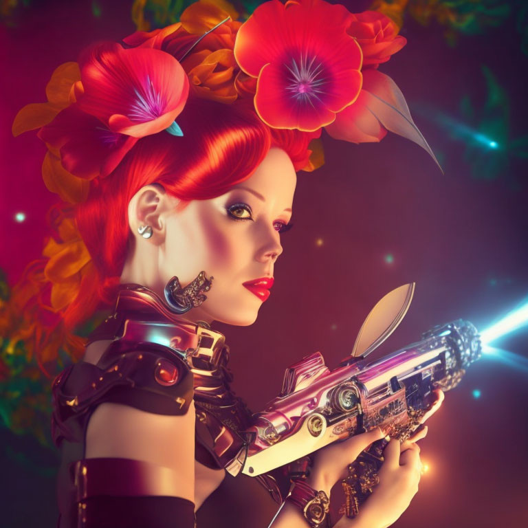 Futuristic woman with red hair, robotic arm, and sci-fi gun on colorful backdrop
