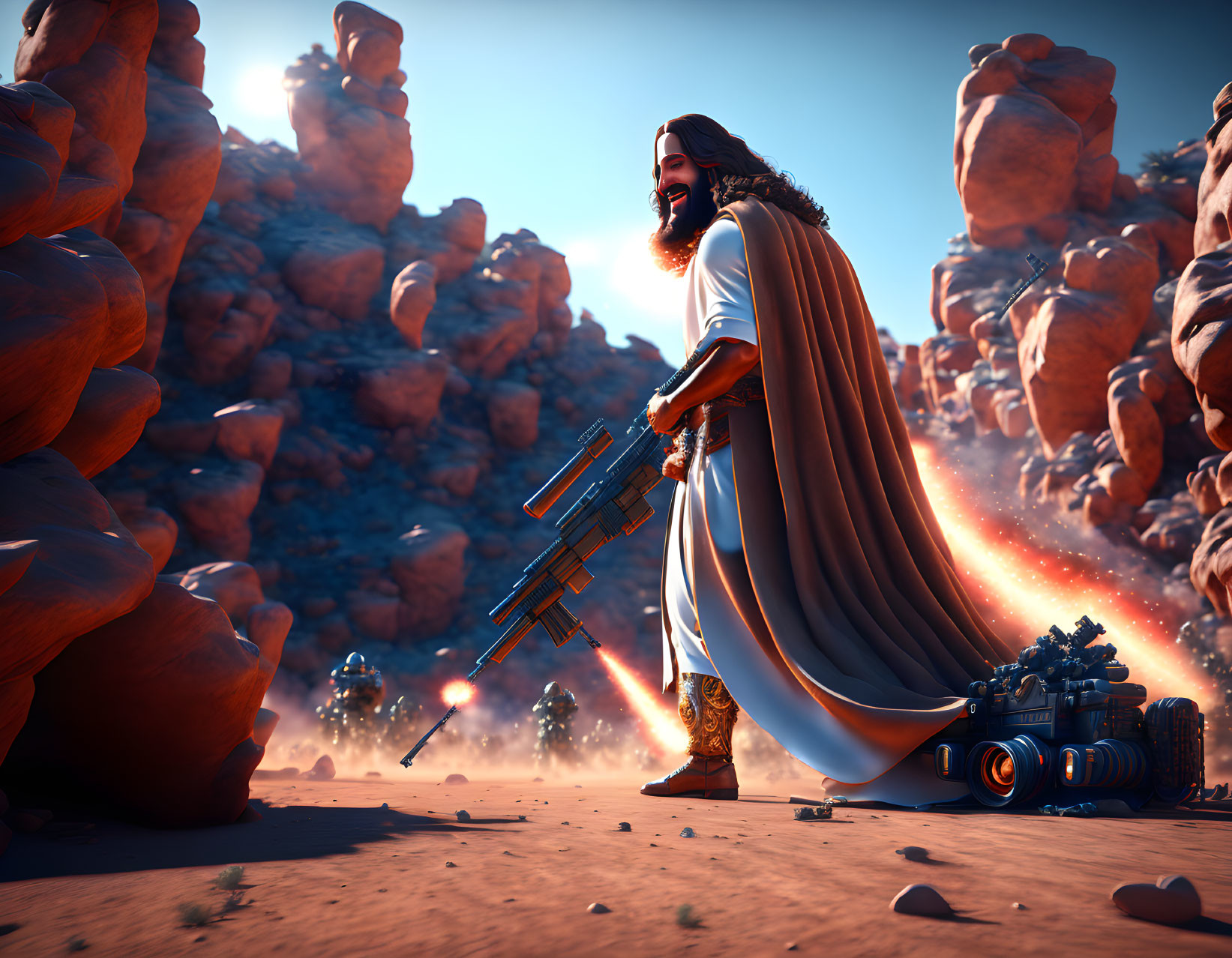 Bearded character in toga and cape with futuristic weapons on alien desert battlefield