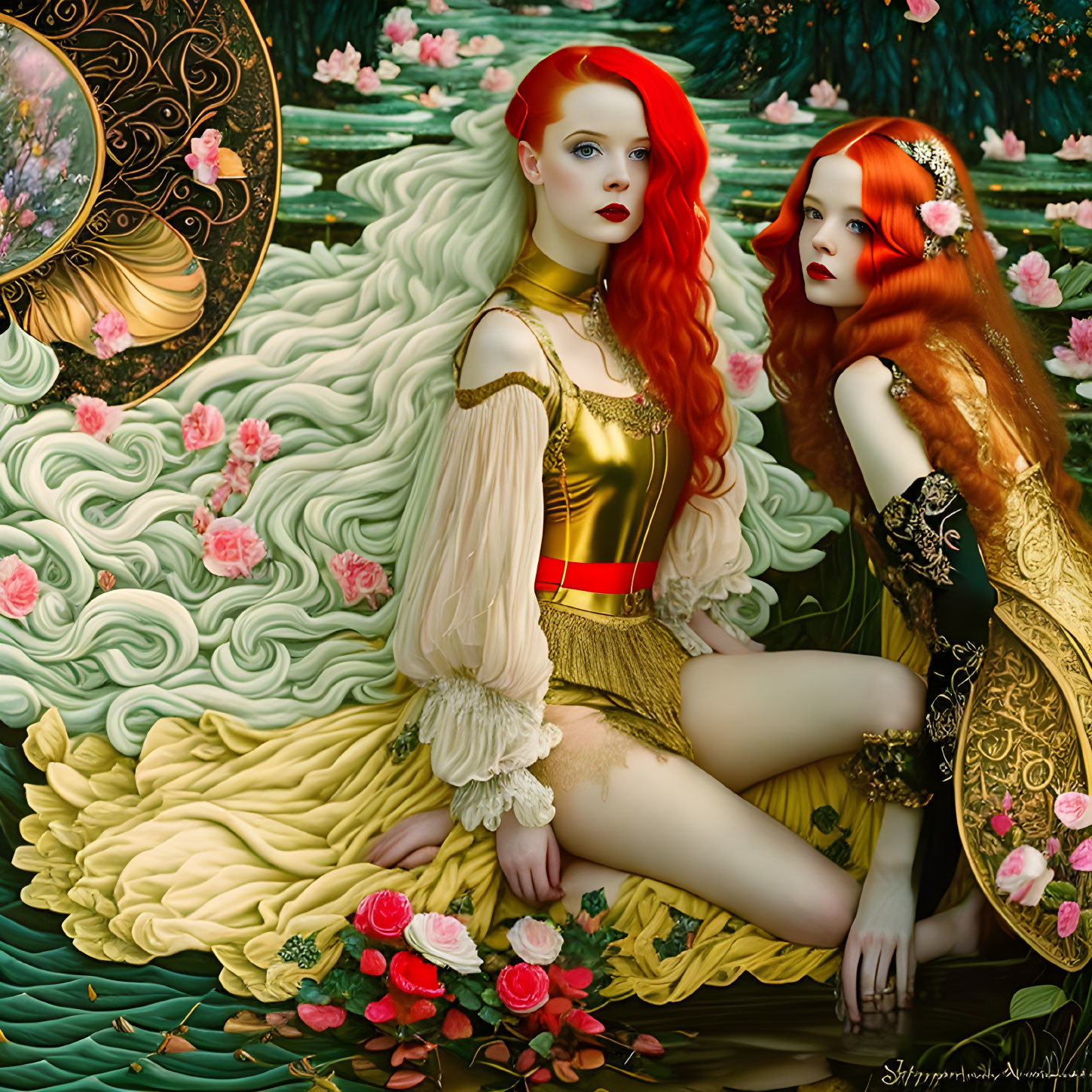 Two red-haired women in fantasy costumes among roses and intricate backdrop.