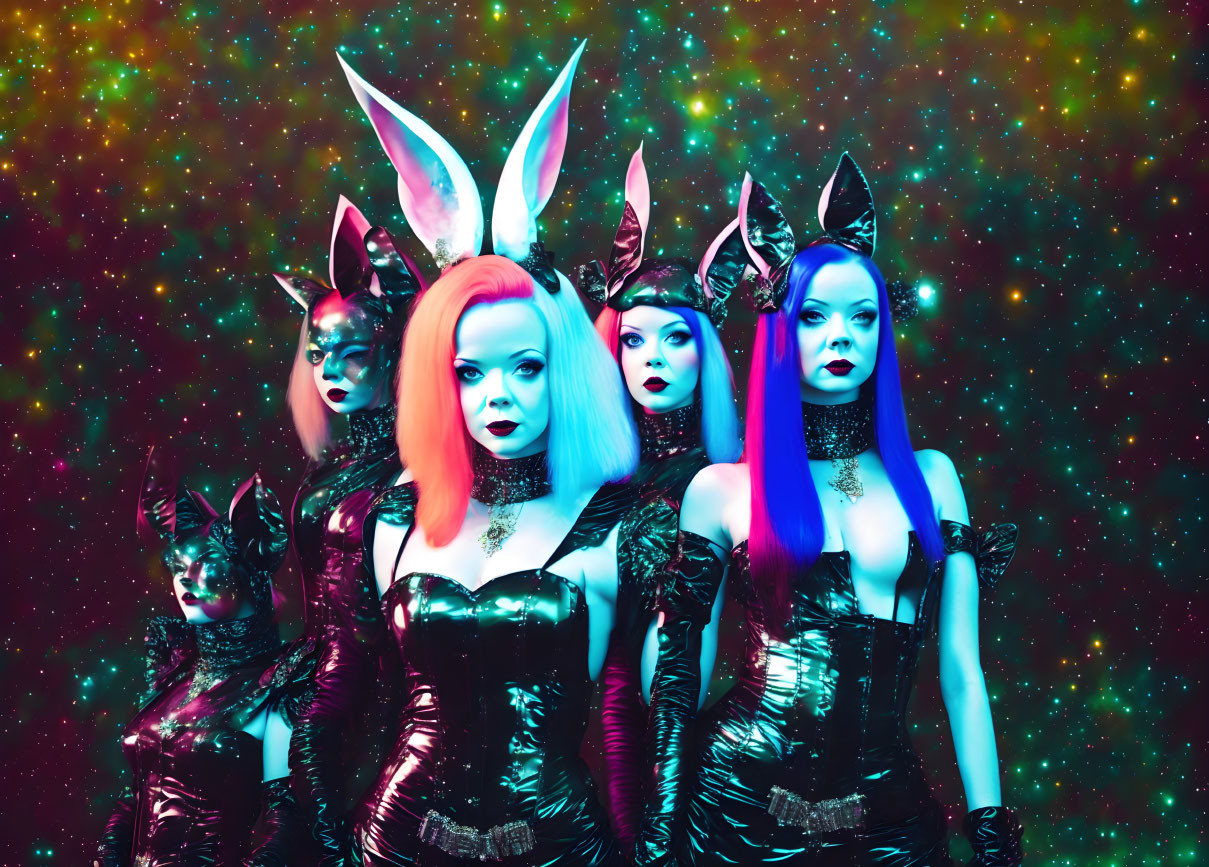 Four women in dark animal ear costumes against vibrant cosmic background