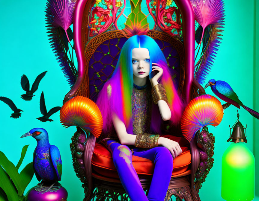 Vibrant blue-haired woman on ornate throne surrounded by psychedelic colors and animals