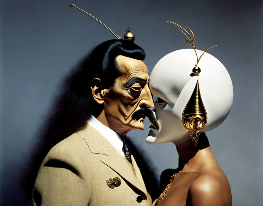 Stylized characters with exaggerated facial features and unique headpieces in suit and gold face off closely