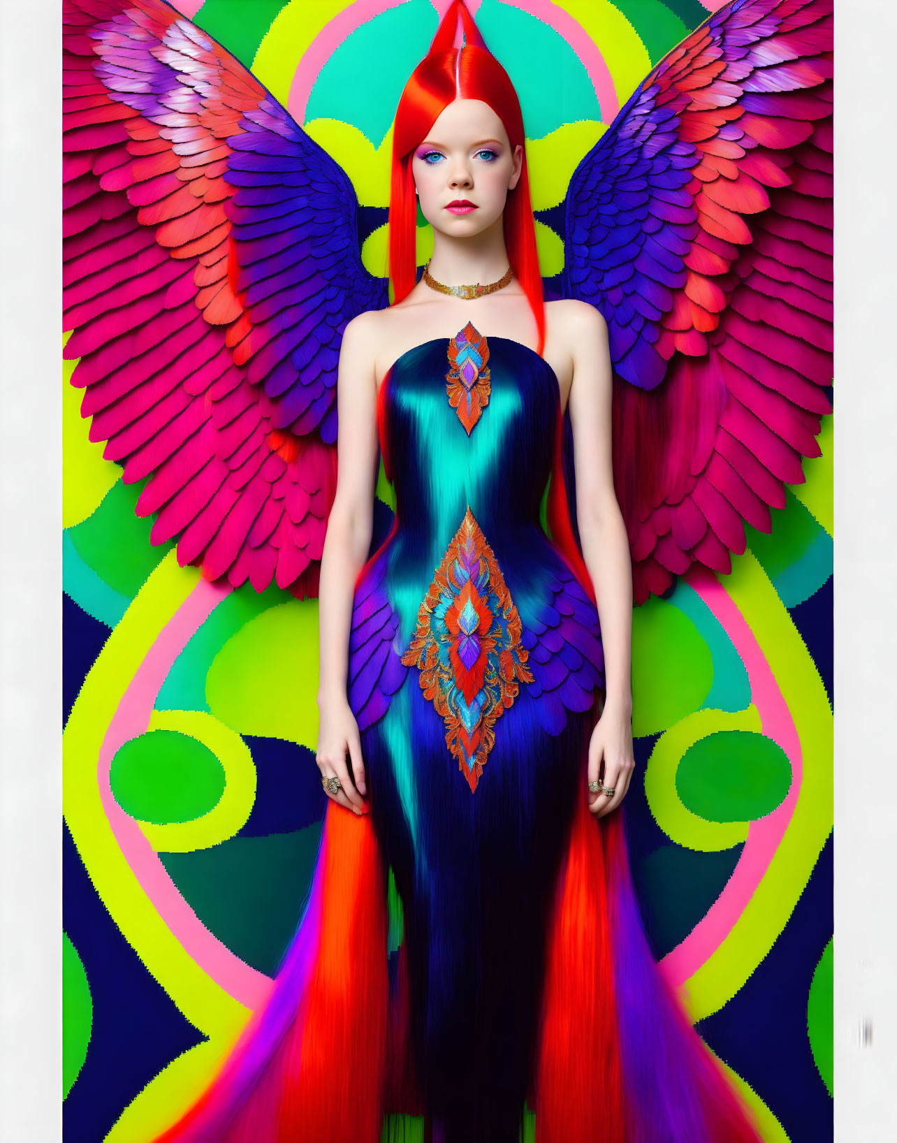 Colorful woman with multicolored wings and sleek dress in psychedelic setting