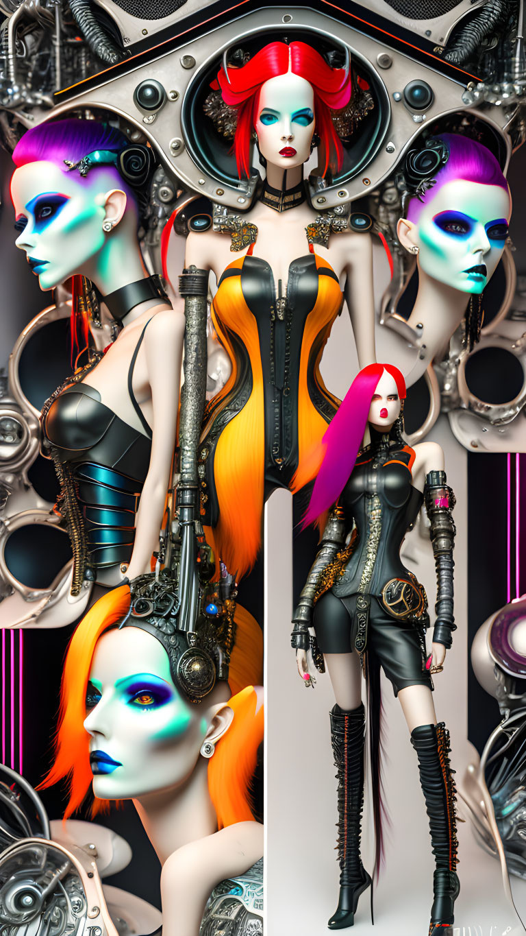 Vibrant hair & makeup on female cyborgs in black leather among mechanical parts