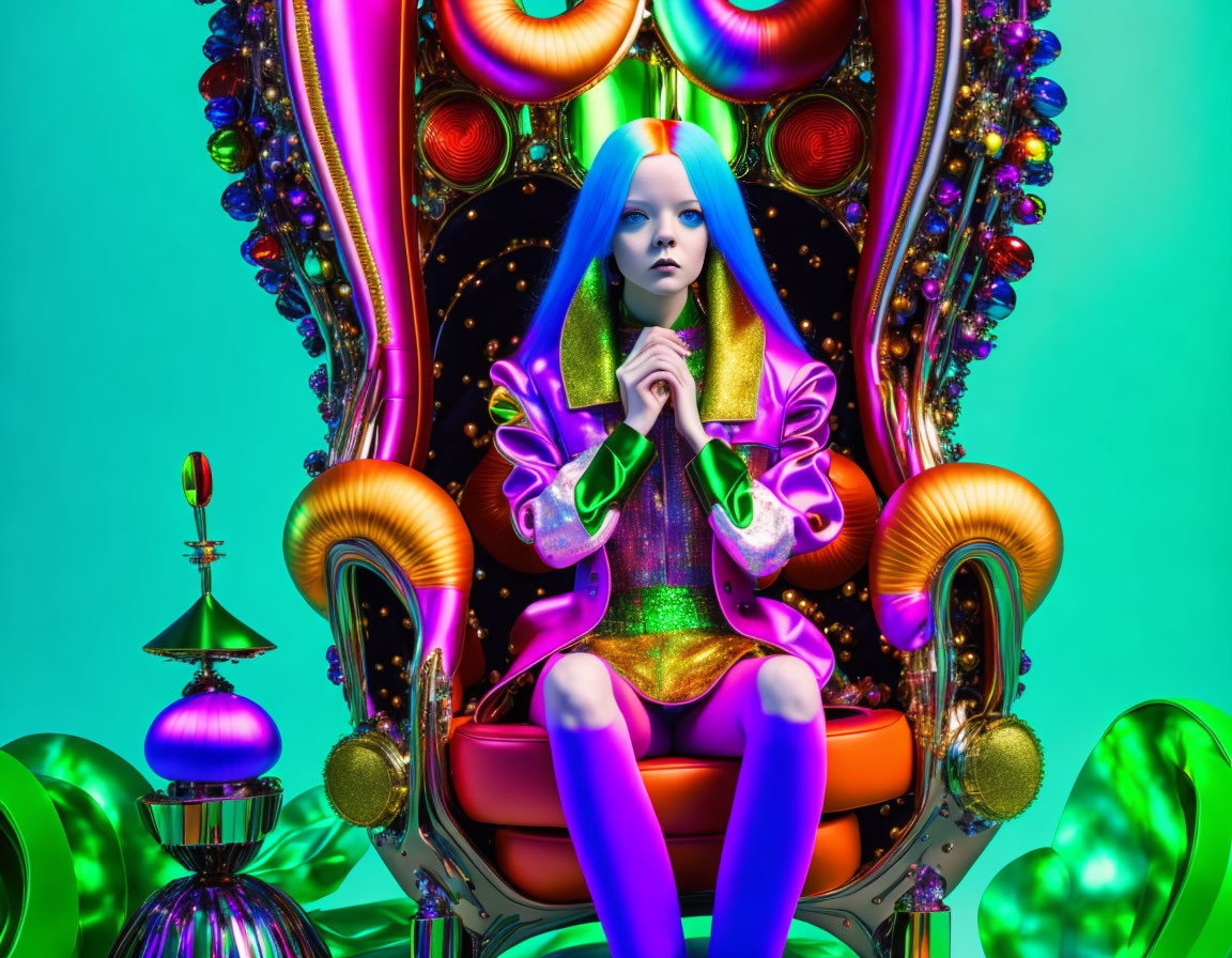 Colorful digital artwork: Female figure with blue hair on ornate throne