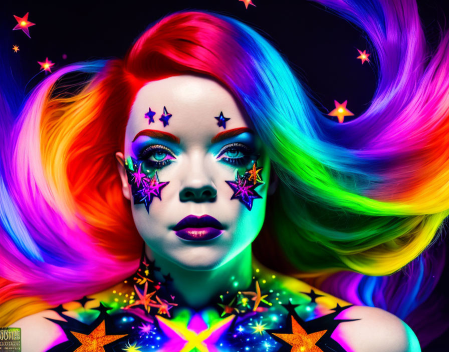 Colorful portrait of a person with rainbow hair and star makeup on black background