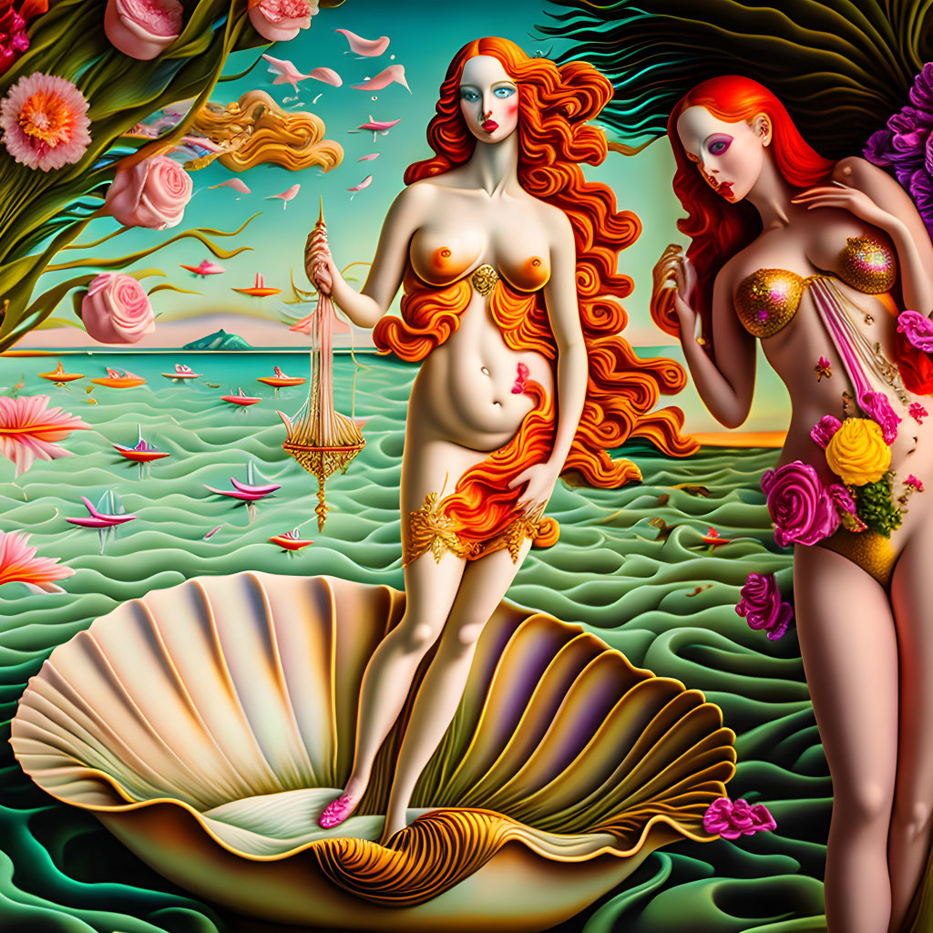 Surreal women in shell amidst vibrant fantasy landscape