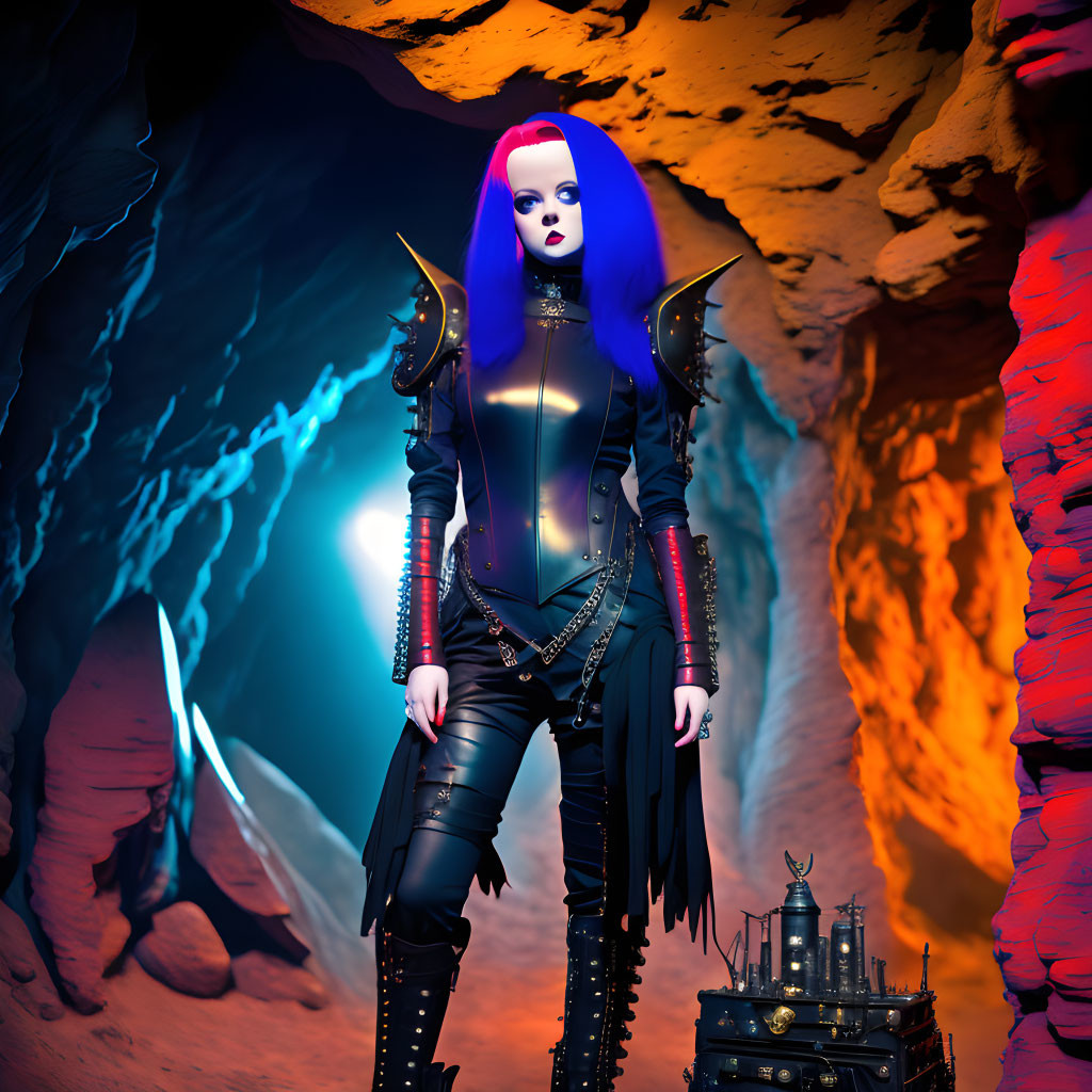 Gothic woman with purple hair in black studded outfit in cave with red walls