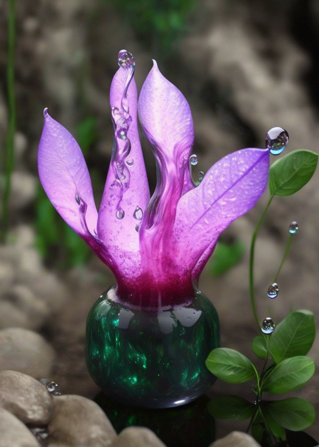 Purple Water Splash Flower in Green Vase with Pebbles
