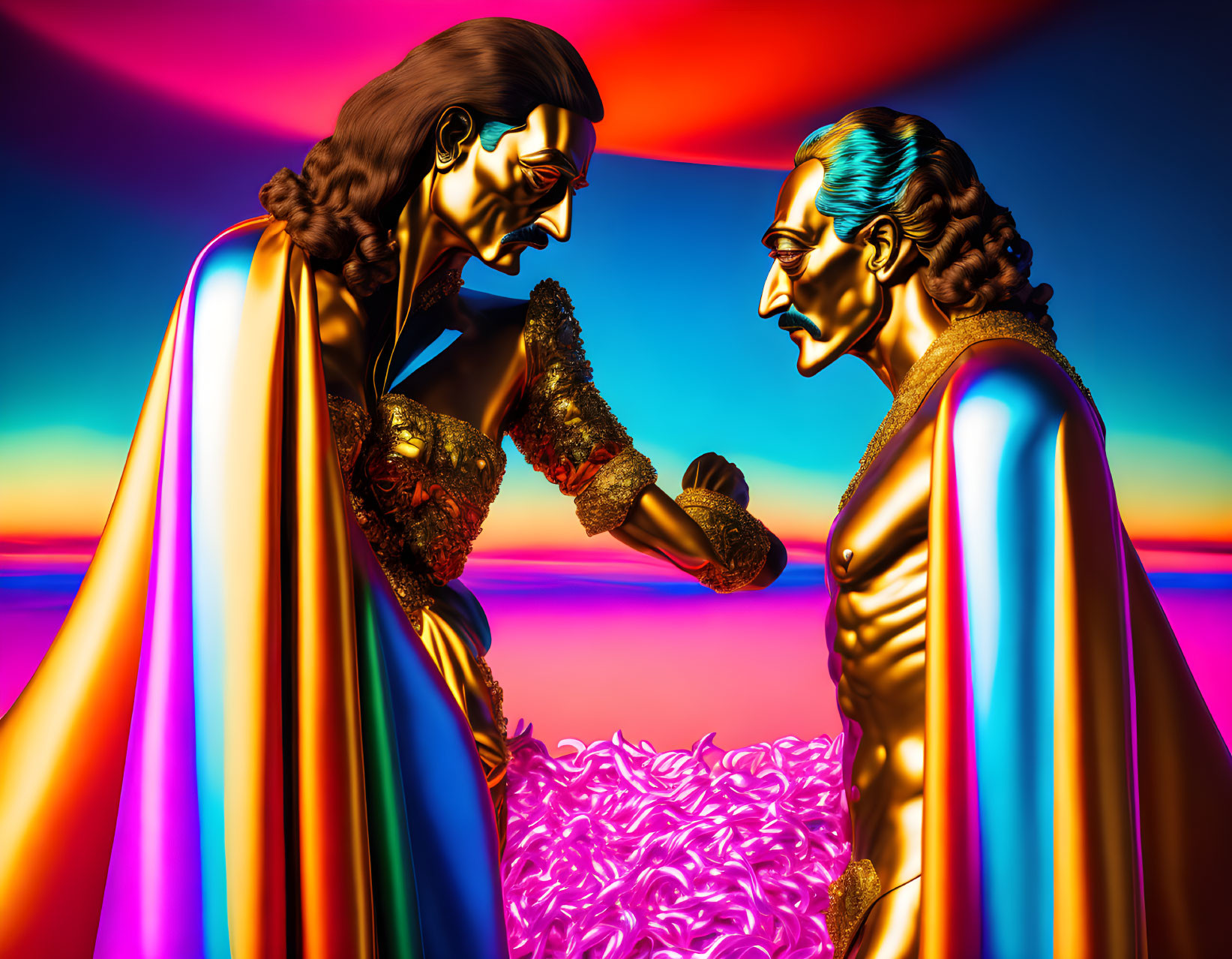 Stylized metallic figures in tense discussion against colorful backdrop