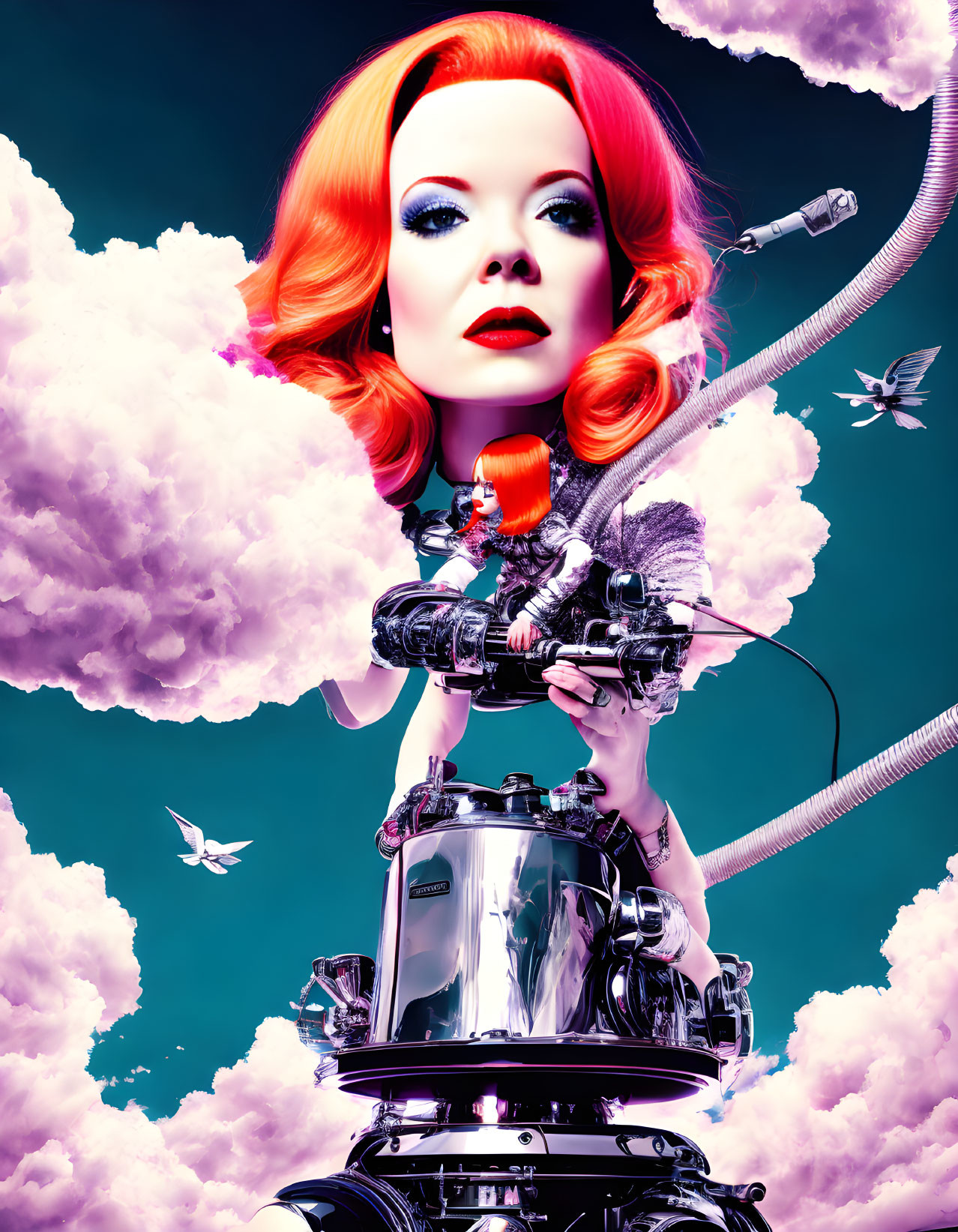 Bright Red-Haired Woman on Chrome Machinery Amidst Clouds and Butterflies