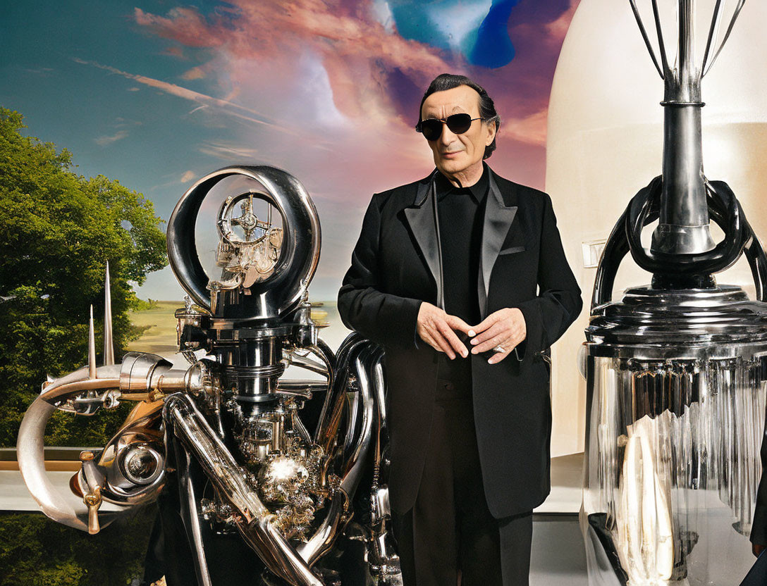 Confident man in black suit surrounded by surreal machinery under dramatic sky