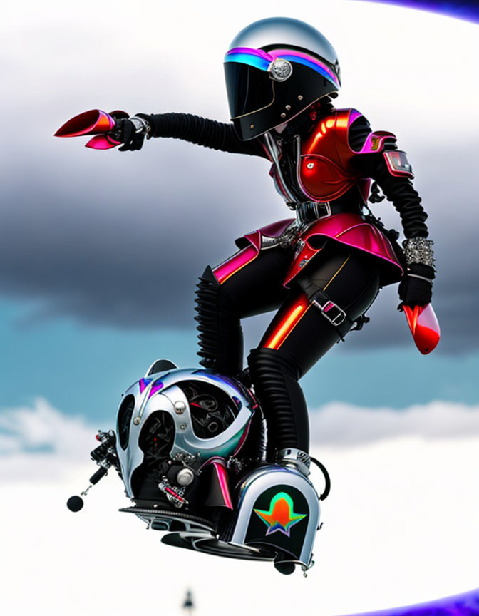 Futuristic motorcyclist in black and red suit on modern bike against cloudy sky