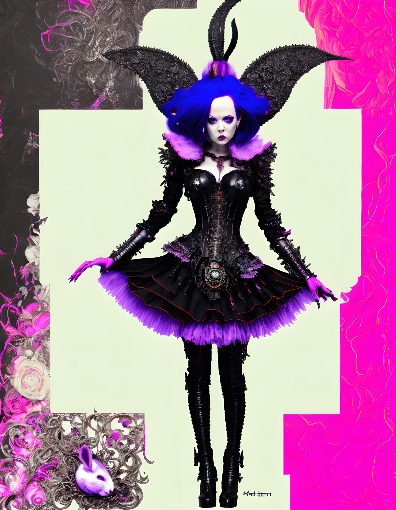 Gothic fantasy figure in purple headdress on surreal pink and black background