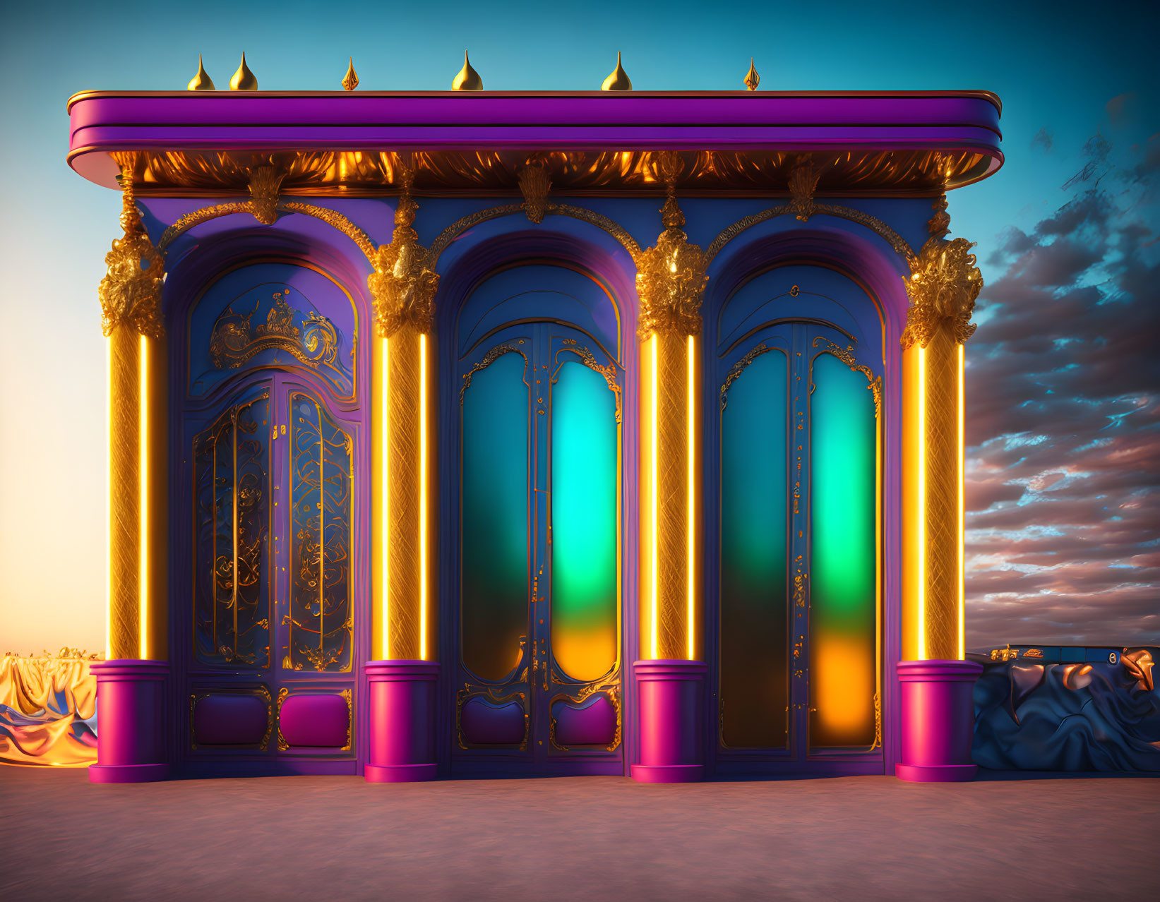 Golden and Purple Surreal Fantasy Palace Entrance at Sunset