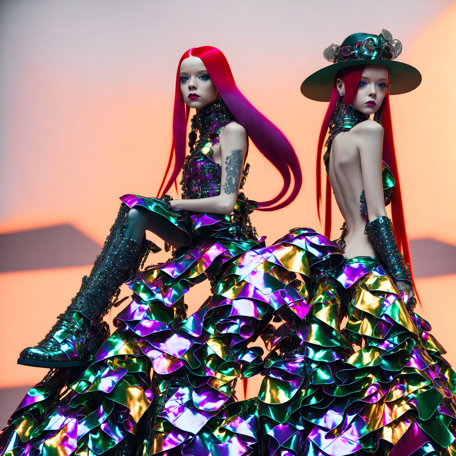 Striking red-haired models in futuristic outfits on colorful background