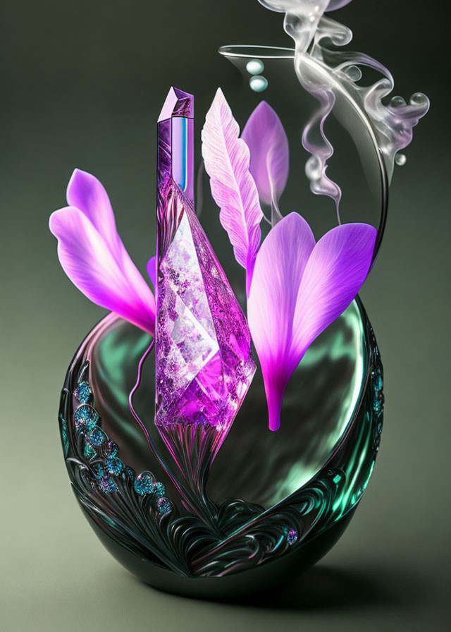 Colorful digital artwork of crystal phial with purple essence in ornate glass swirls.