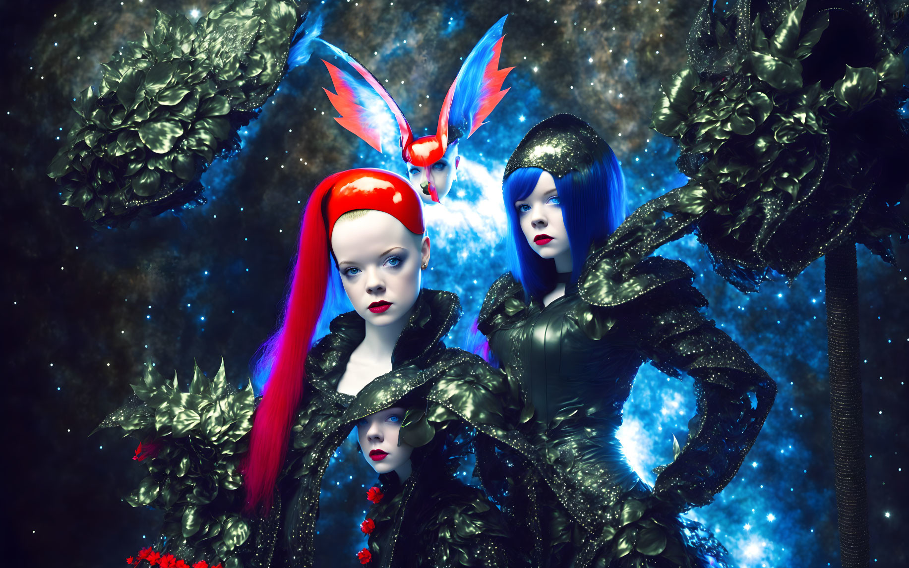 Futuristic women in vivid makeup and costumes with mythical bird on cosmic background